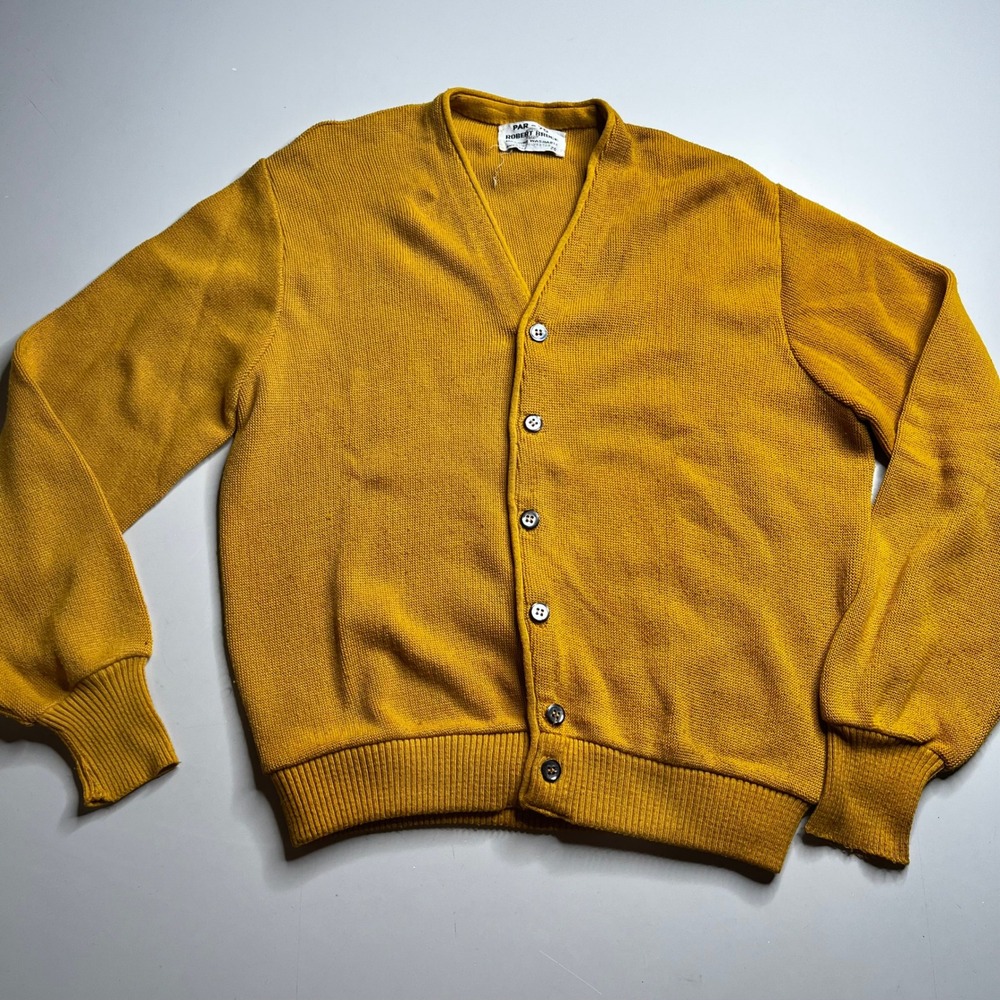 Vintage 70s Robert Bruce Par 70 Mustard Yellow Cardigan Sweater Mens Large USA